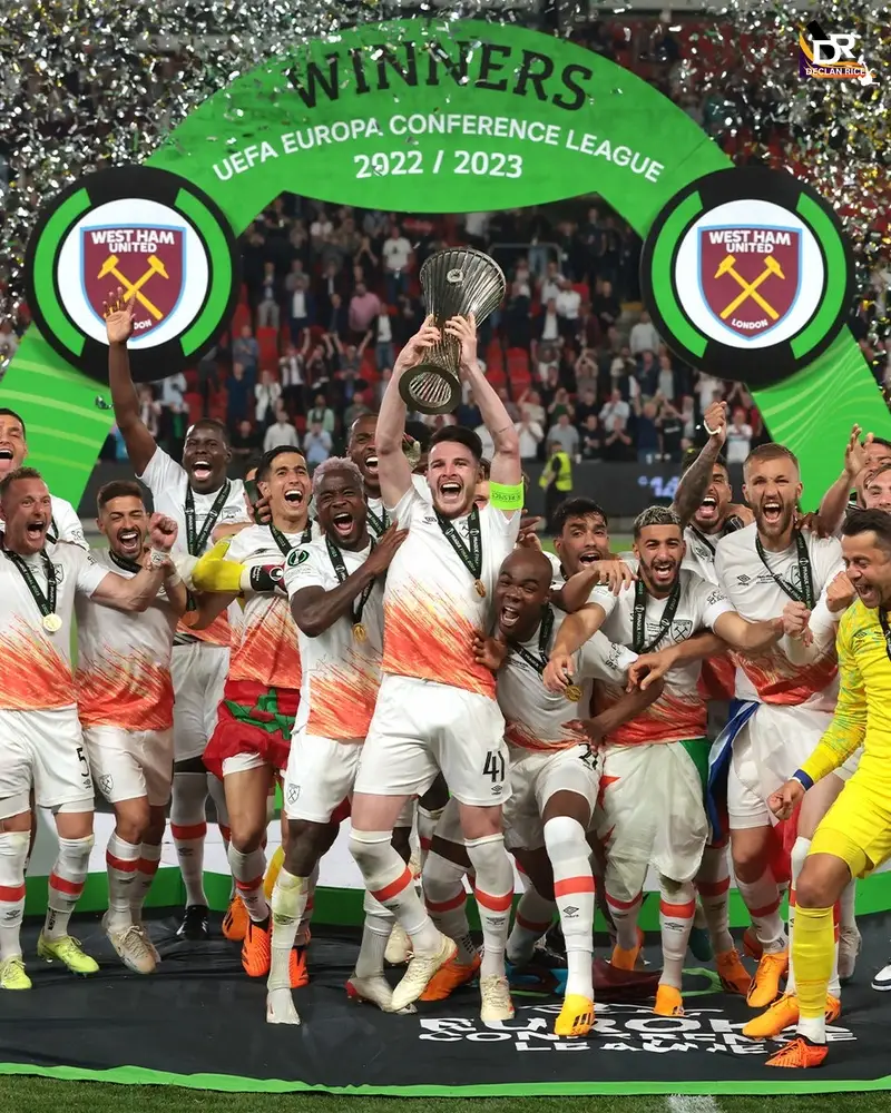 Declan Rice lifting Europa Conference League trophy